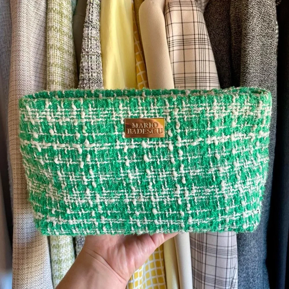 Mario Badescu green and white tweed makeup bag